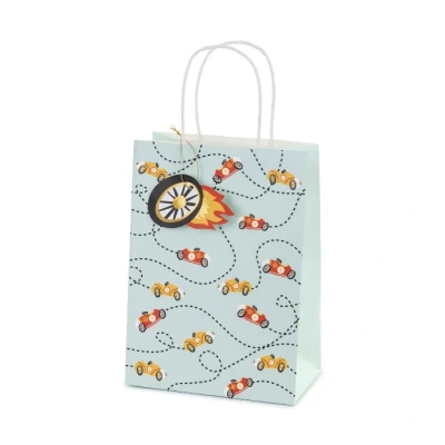 Abbildung von Geschenktüte Auto mit Henkel 18x26x10cm Blaue Rennwagen Geschenktüte, 25 cml Partytüten Kindergeburtstag Mottoparty Blau Rot Gelb