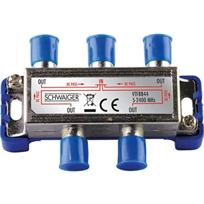 Abbildung von Schwaiger 4 fach Verteiler (9 dB) Flachantenne (für Kabelanlagen, Antennenanlagen, Satellitenanlagen, silber/blau)