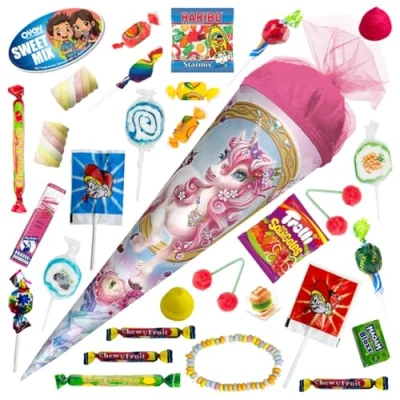 Abbildung von OYOY 35cm Schultüte gefüllt mit Süßigkeiten Mix I Roth Einhorn Beauty kleine Geschwister Einschulung Geschenk