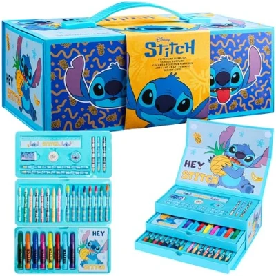 Abbildung von Disney Stitch Marker &amp; Farbkasten Set, Zeichen und Malset, 34 Teiliges Kunstset für Kinder mit Notizblock Schreibwaren (Blau Stitch)