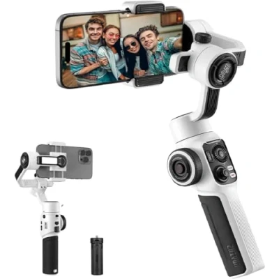 Abbildung von ZHIYUN Smooth 5S [Official] iPhone Gimbal Stabilisator 3 Achsen mit Stativ, Smartphone Selfie Licht, Handy für FilmIC Pro, Vlog, YouTube/TikTok Videos (Weiß)