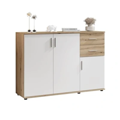 Abbildung von Bega Consult Kommode BC 1040, Grau matt, Viking Eiche Dekor, 2 Türen, 4 Schubladen, B 120 x H 84 T 35 cm
