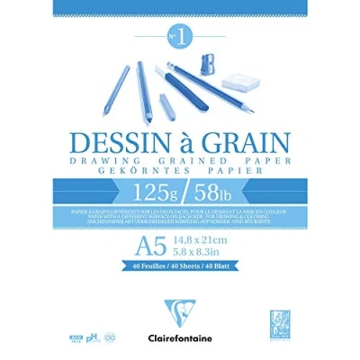 Abbildung von Clairefontaine 96686C Zeichenblock geleimt, 40 Blatt, gekörntes Zeichenpapier, 125 g, 14,8 x 21 cm, ideal für Zeichen und Kunstunterricht, Weiß, 1 Stück