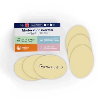 Abbildung von magnetoplan Moderationskarten, oval BxH 190x110 mm 500 Stück Kommunikationskarten in Gelb Für Meetings und Präsentationen FSC zertifiziert kunststofffrei verpackt