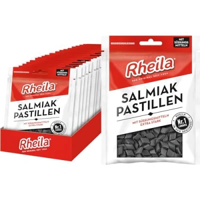 Abbildung von Rheila Salmiak Pastillen ohne Zuckerzusatz 1.800g mit hohem Anteil an Lakritz wohltuender, markanter Geschmack extra stark &amp; aromatisch mild im (20x90 g)