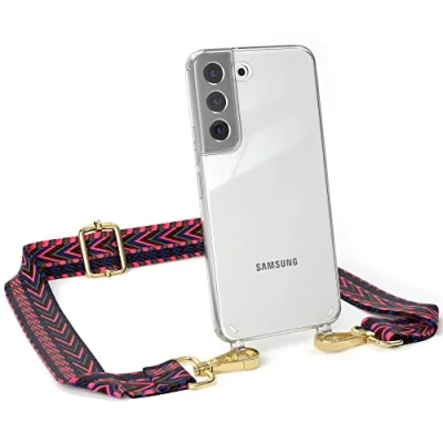 Abbildung von EAZY CASE Handykette Verstellbarer Trageriemen kompatibel mit Samsung Galaxy S22, Schulterriemen, Handykordel Case, DIY Gürteltasche Hülle, Pink/Blau Metallstücke Gold
