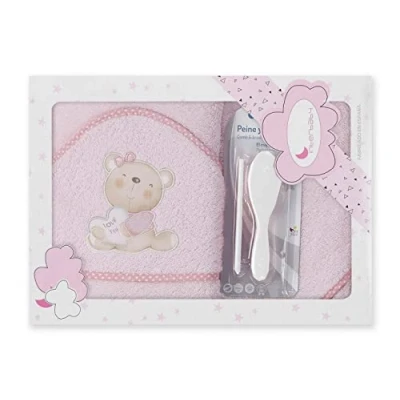 Abbildung von Interbaby P1177 02 Baby Kapuzenbadetuch LOVE YOU Rosa mit Kamm und Bürste,
