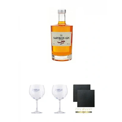Abbildung von Boudier Saffron Frankreich GIN 0,7 Liter + Citadelle Ballon Glas 1 Stück Schiefer Glasuntersetzer eckig ca. 9,5 cm Ø 2