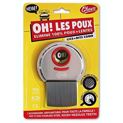 Abbildung von OH! LE POUX Patentierter Edelstahl Kamm zur Entfernung von Läusen und Nissen, mit Lupe.