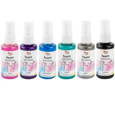 Abbildung von Ideen mit Herz Textil Sprühfarbe, 6x 50ml, 6 Farben Hochpigmentierte für helle Textilien Auf Wasserbasis (Sprüh Zauber 2 rosa, violett, himmelblau, türkis, grau, schwarz)