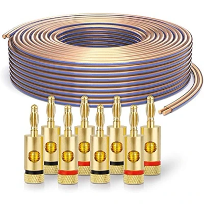Abbildung von conecto CC50633 OFC Professional Audio Lautsprecherkabel Ultraflex, Querschnitt 2x4,00mm² (99,9% Vollkupfer 511x0,10,0mm Litze), 50,0m, transparent, Set inkl. 8 Bananenstecker