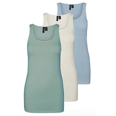 Abbildung von VERO MODA Damen VMMAXI My Soft Long Tank TOP GA 3P, Jadeite/Blue Fog &amp; Snow White, XS