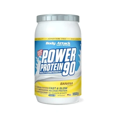 Abbildung von Body Attack POWER Protein 90 Banana 1kg Dose Mehrkomponenten Pulver, Made in Germany Mit BCAA, Vitaminen &amp; L Carnitin Shake extra cremiger Geschmack, gute Löslichkeit