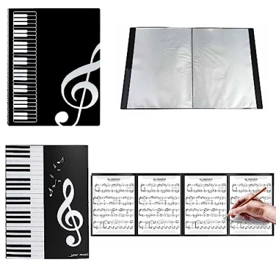 Abbildung von Sonwaha Notenmappe für Notenblätter 40 Seiten+6 Seitig Notenordner Aufklappbar Notenmappe,Chormappe Schwarz mit Klarsichthüllen Instrumentalist Musiker