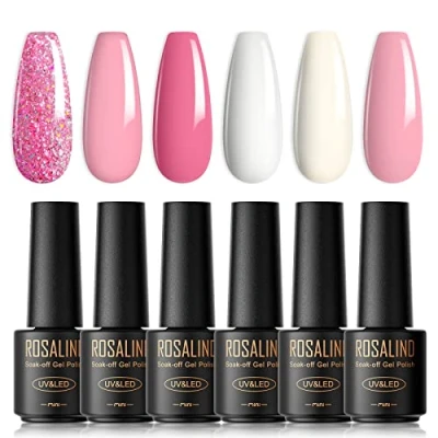 Abbildung von ROSALIND UV Nagellack Pastell, 6 Farben Mini Gel Set Weiß Rosa Hellrosa Glitzer Shellac Soak Off UV/LED Nail Polish French Manicure für Frauen Mutter Geschenkset DIY zu Hause