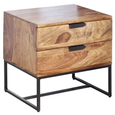 Abbildung von FineBuy Nachttisch Sheesham Massivholz/Metall 50x40x51 cm Nachtschrank Boxspringbett, Design Nachtkonsole mit 2 Schubladen, Nachtkommode Industrial Stauraum