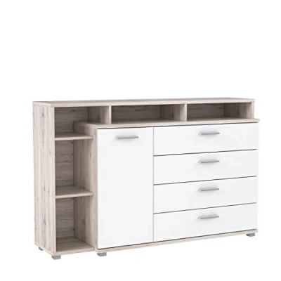 Abbildung von FORTE Beach Kommode mit 1 Tür, 4 Schubladen und offenen Fächern, Holzwerkstoff, Sandeiche/Weiß, 153,1 x 99,8 41,3 cm