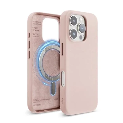 Abbildung von elago Magnetisch Leder Hülle Kompatibel mit iPhone 16 Pro 6,3 Zoll, Allen MagSafe Zubehör, Eingebaute Magnete, Veganes Leder, Stöße, Wasserfest (Lovely Rosa)