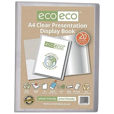 Abbildung von eco eco110 Präsentationsbuch, A4, 50% recycelt, 20 Fächer, durchsichtig, Aufbewahrungsbox, Portfolio Kunstmappe mit Kunststoffhüllen, transparent