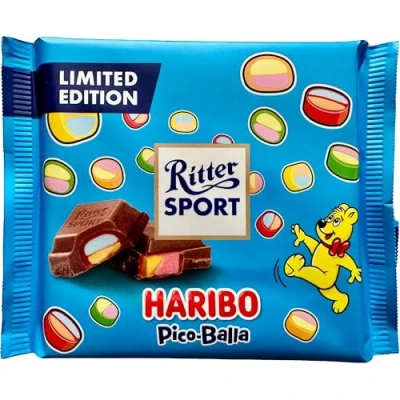 Abbildung von Ritter Sport x Haribo Pico Balla Schokolade Limited Edition Vollmilchschokolade mit Fruchtgummi Konfekt (1x 100g)