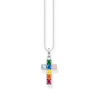 Abbildung von Thomas Sabo Damen Kette Kreuz mit bunten Steinen Silber, aus 925er Sterlingsilber, Steinbesatz in Regenbogen Farben, Länge 45cm, KE2166 477 7 L45V