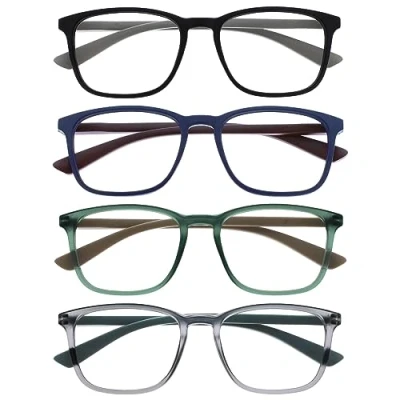Abbildung von OPULIZE Max Lesebrille 4 Pack Klassische große rechteckige Fassung Brillen in mattem Schwarz, Blau, Grün &amp; Grau Herren Damen Unisex RRRR78 1367 +1,00