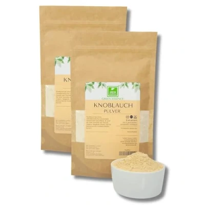 Abbildung von Knoblauch gemahlen 500g (2 * 250g) von der Grünen Essenz aromatisches Gewürz für Fleischgerichte und Dips Knoblauchpulver ohne Konservierungsstoffe Glutamat. (500 Gramm)