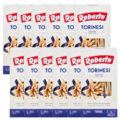 Abbildung von Roberto Grissini Torinesi 12x250g Beutel ultra dünne Brotstangen als Snack, Beilage oder im Büro auch perfekt zu Käse Salamiplatten