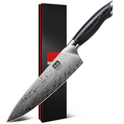 Abbildung von SHAN ZU Kochmesser aus Pulverstahl, Japanisches Küchenmesser, 20 cm Professionelle Chefmesser mit Hohem Kohlenstoffgehalt, Ultrascharfes Allzweckmesser Ergonomischem Full Tang Griff Pakkaholz