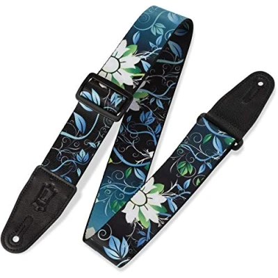 Abbildung von Levy&#039;s Leathers MPD2 038 Gitarrengurt, Polyester, Sublimationsdruck, mit Original Künstler Design, Echtleder Enden, Motiv Blaue Blumen