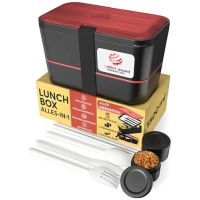 Abbildung von UMAMI Lunchbox Bento für Erwachsene mit Besteck und 2 Saucenbehältern, (Inkl. Zubehör Brotdose Fächern Meal Prep), als Brotdosen Salat, Snack Box, Auslaufsichere