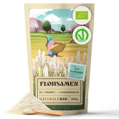 Abbildung von NaturaleBio Flohsamenschalen, 99% Reinheit, 200g natürliche Psyllium Samenschalen, Naturbelassen, rein, Ballaststoffreich, Vegan, Zum Auflösen in Wasser, Getränken und Säften.
