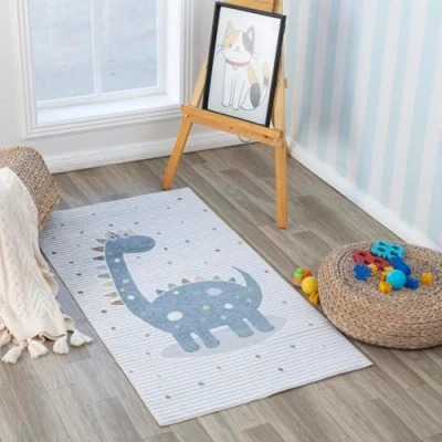 Abbildung von Surya Dinosaurier Kinderteppich Cartoon Teppich Kinderzimmer oder Babyzimmer, Kinderzimmerteppich, Krabbelteppich Spielteppich Baby für Jungen &amp; Mädchen, Creme und Grau 80x150cm
