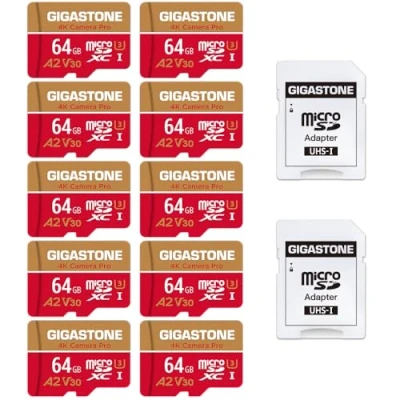 Abbildung von Gigastone 4K Kamera Pro Micro SD Karte 64GB 10er Pack und Adapter, Kompatibel mit GoPro Drohne Switch, bis zu 95/35 MB/s, UHD Videoaufnahmen, MicroSDXC Speicherkarte UHS I A2 Klasse 10 U3 V30
