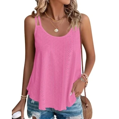 Abbildung von WNEEDU Damen Tank Tops Sommer Spaghetti Cami Oberteile Ärmellose Rundhalsausschnitt Blusen Top Shirts Rosa Rot S