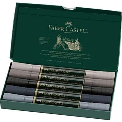 Abbildung von FABER CASTELL 160306 Aquarellmarker Albrecht Dürer mit Doppelspitze für flächigen und präzisen Farbauftrag, 5er Etui, Grautöne, grau
