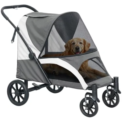 Abbildung von PawHut Hundewagen Hundebuggy klappbar für große Hunde &amp; Katzen bis 30 kg Katzenbuggy mit Kissen Netzfenstern Türen Aufbewahrungstasche Katzenwagen Sicherheitsleinen, Bremsen, Buggy Dunkelgrau