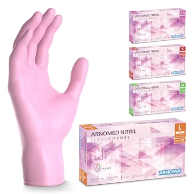 Abbildung von 500 Stück (5x100) ARNOMED Einweghandschuhe Rosa, Einmalhandschuhe L, Nitril Handschuhe Einweg, Nitrilhandschuhe puderfrei, Gummihandschuhe Schutzhandschuhe, in XS, S, M, L