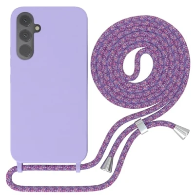 Abbildung von EAZY CASE Handytasche zum Umhängen kompatibel mit Samsung Galaxy A54 Handy Schutzhülle Band, Necklace Hülle, farbig TPU Case, Lavendel Lila Schnur Unicorn Clips Silber