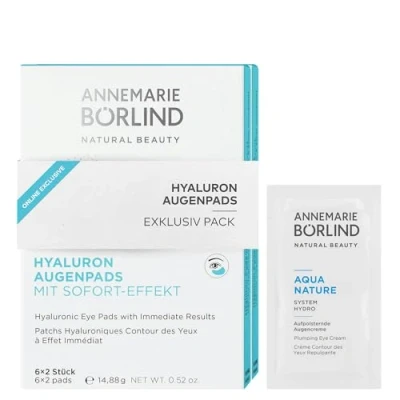 Abbildung von ANNEMARIE BÖRLIND Hyaluron Augenpads mit Sofort Effekt (12 x 2 Stk.) im Exklusivpack + Gratis AQUANATURE aufpolsternde Augencreme Sachet Gegen Erste Fältchen &amp; Linien, Intensive Feuchtigkeitspflege