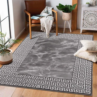 Abbildung von carpet city Teppich Wohnzimmer 80x150 cm Kurzflor Anthrazit Bordüre Mäander Optik Moderne Teppiche Flachflor Deko Schlafzimmer