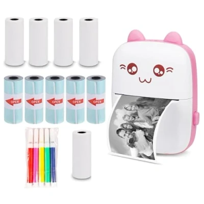 Abbildung von WANGCL Thermo Etikettendrucker mit USB Aufladung, tragbarer Bluetooth Fotodrucker, kabellos, kompatibel Android oder iOS, 1 Rolle Thermopapier (Pink)