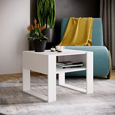Abbildung von MRBLS Couchtisch modernes rustikales Design Wohnzimmer Tisch Beistelltisch Kaffeetisch Sofatisch Teetisch aus Holz (Weiß Matt Weiß Matt) 65 x 45 53,6cm (B/H/T)