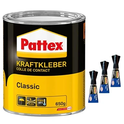 Abbildung von Pattex Kraftkleber Classic, extrem starker Kleber für höchste Festigkeit, Alleskleber den universellen Einsatz, Spar Set mit 1x 650g und 3x 1g Sekundenkleber Ultra Gel, 9HPCL6CP1X