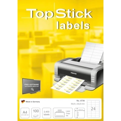 Abbildung von TopStick 8736 Universal Etiketten, 100 Blatt, 64,6 x 33,8 mm, 24 pro A4 Bogen, 2400 Stück, selbstklebend, bedruckbar, matt, blanko Papier Klebeetiketten Aufkleber, weiß