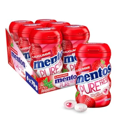 Abbildung von Mentos Kaugummi Pure Fresh Erdbeere, 6 Boxen zuckerfreie Chewing Gum Dragees mit Erdbeer Geschmack &amp; flüssiger Füllung, Multipack (6 x 70g)