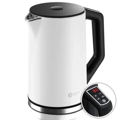Abbildung von BALTER Edelstahl Wasserkocher mit Temperatureinstellung, 40C 100C, Doppelwand, BPA frei, leise &amp; kabellos, Kettle, Teekocher Temperaturwahl, 1.5L, 2200W, Weiß