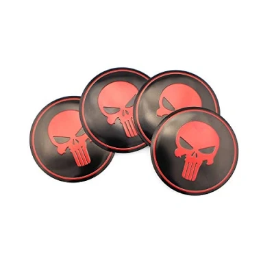 Abbildung von SGW Radnabenkappen, 4 Stück Mittelabdeckung, Punisher Radkappen, Aufkleber, Emblem, Rot, für Totenkopf ABS Material, 56 mm, selbstklebend