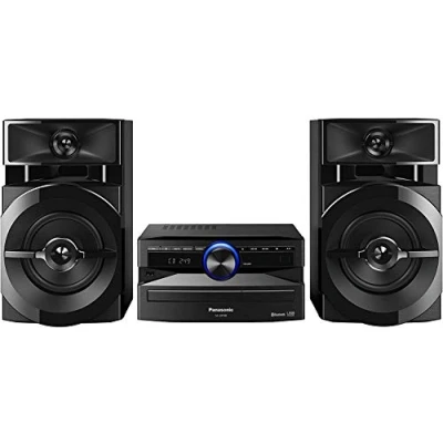 Abbildung von Panasonic Mini System, 300 W, 2 Wege Lautsprecher, Woofer:13 cm, CD Player, R/R Bluetooth, USB, 30 FM/15AM RDS, AUX, Audio Qualität, blaue Beleuchtung, Schwarz FM/AM RDS Radio blau