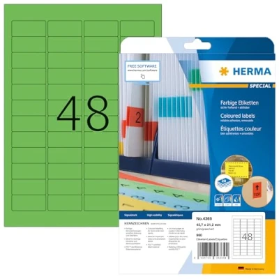 Abbildung von HERMA 4369 Farbige Etiketten grün ablösbar, 640 Blatt, 45,7 x 21,2 mm, 48 pro A4 Bogen, 30720 Stück, selbstklebend, bedruckbar, matt, blanko Papier Farbetiketten Aufkleber